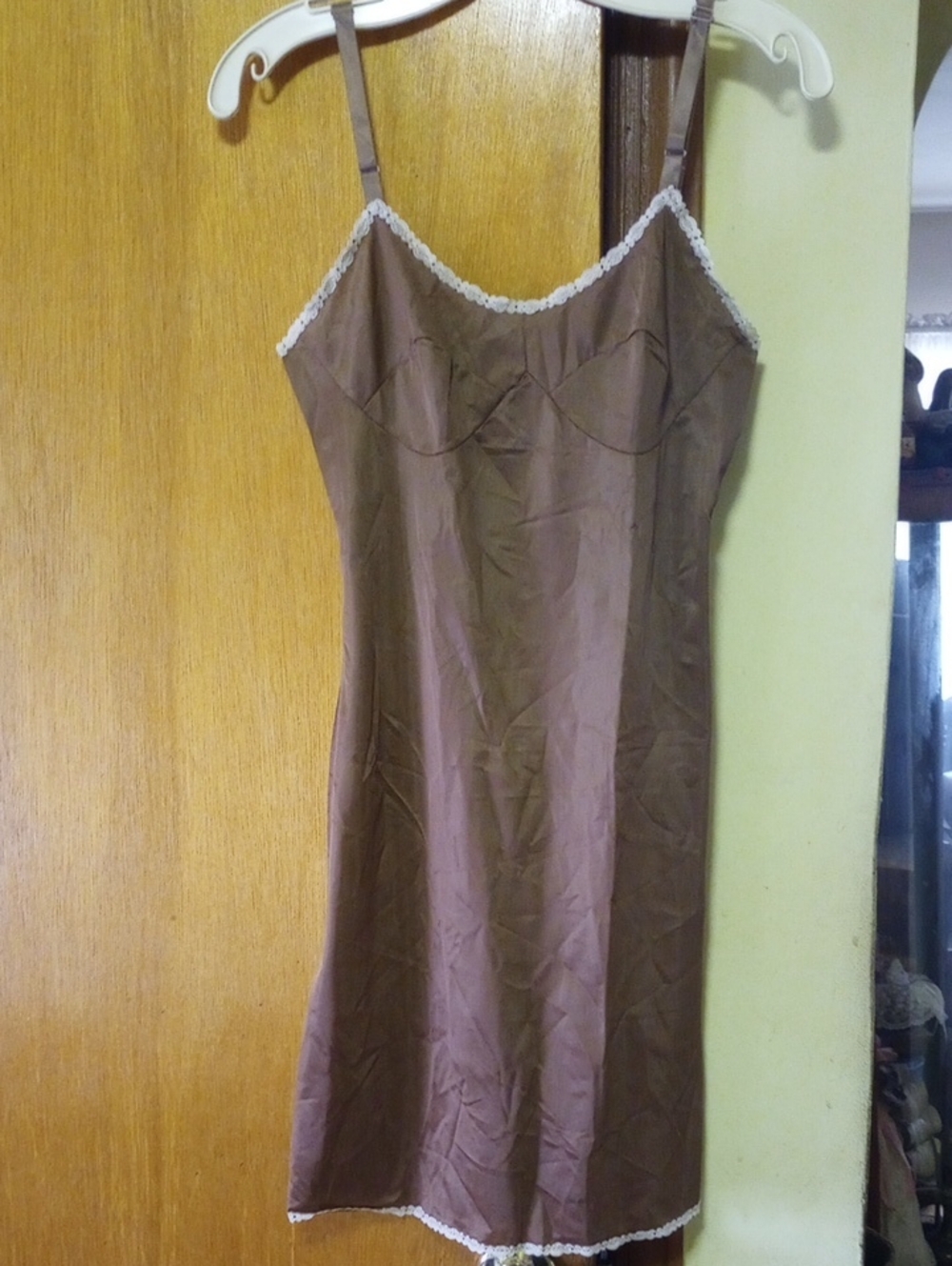 Mistee Brown Nylon & Lace Vintage Slip, Size 32 Short, Adjustable Straps